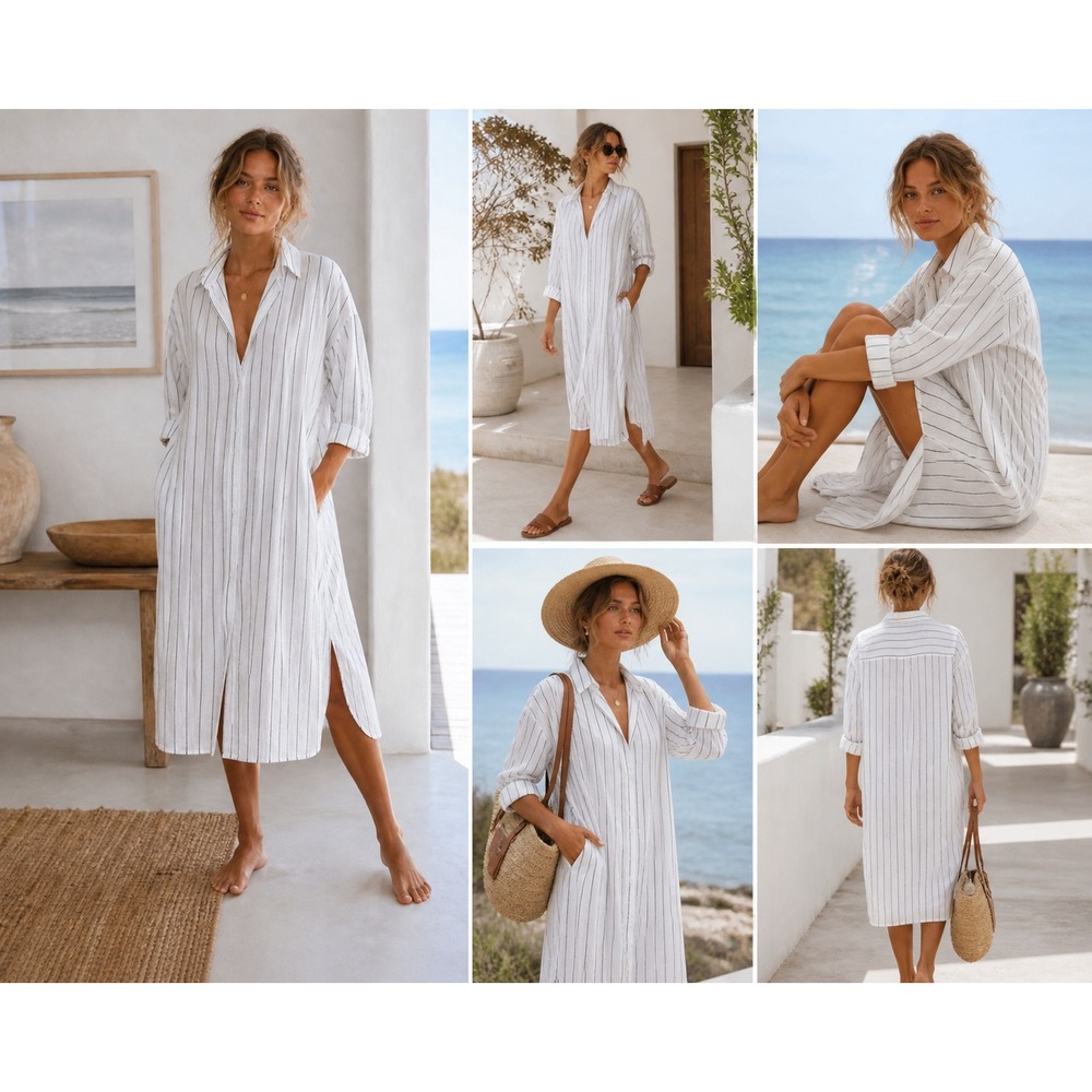 GGUHHU Shirt Dress Women XL Oversized Pinstripe White Minimalist Coastal